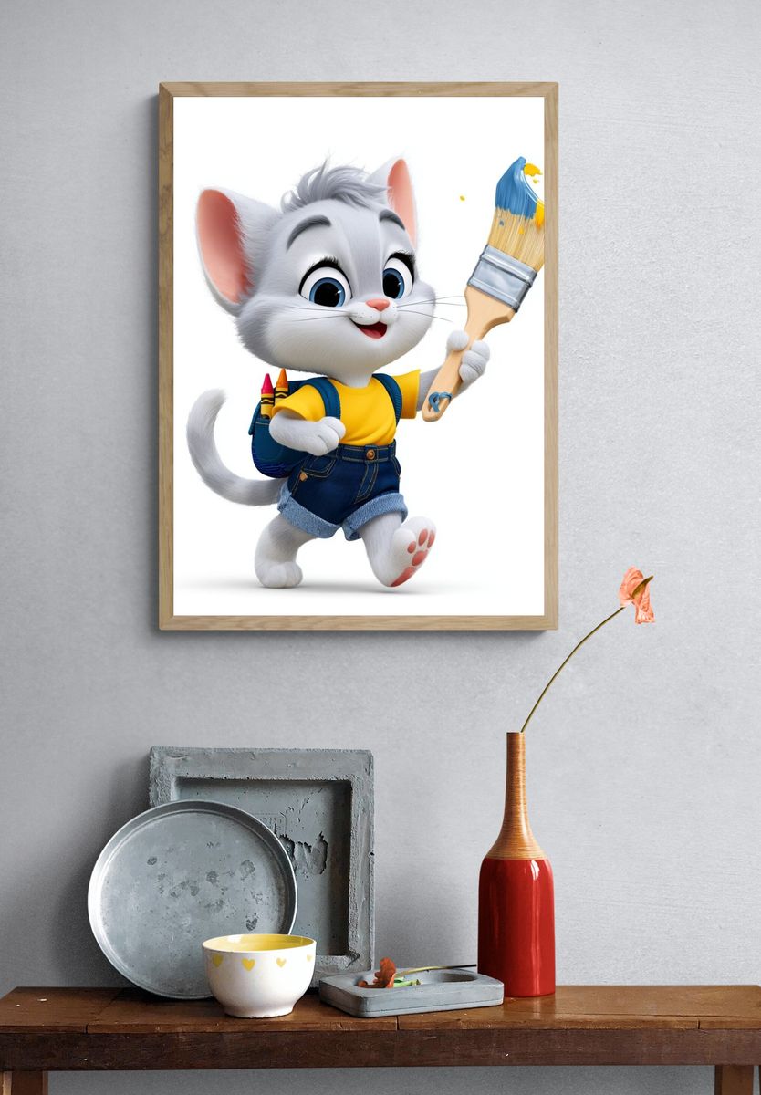 Cute Kitten Painter Illustration Poster. — room view 3
