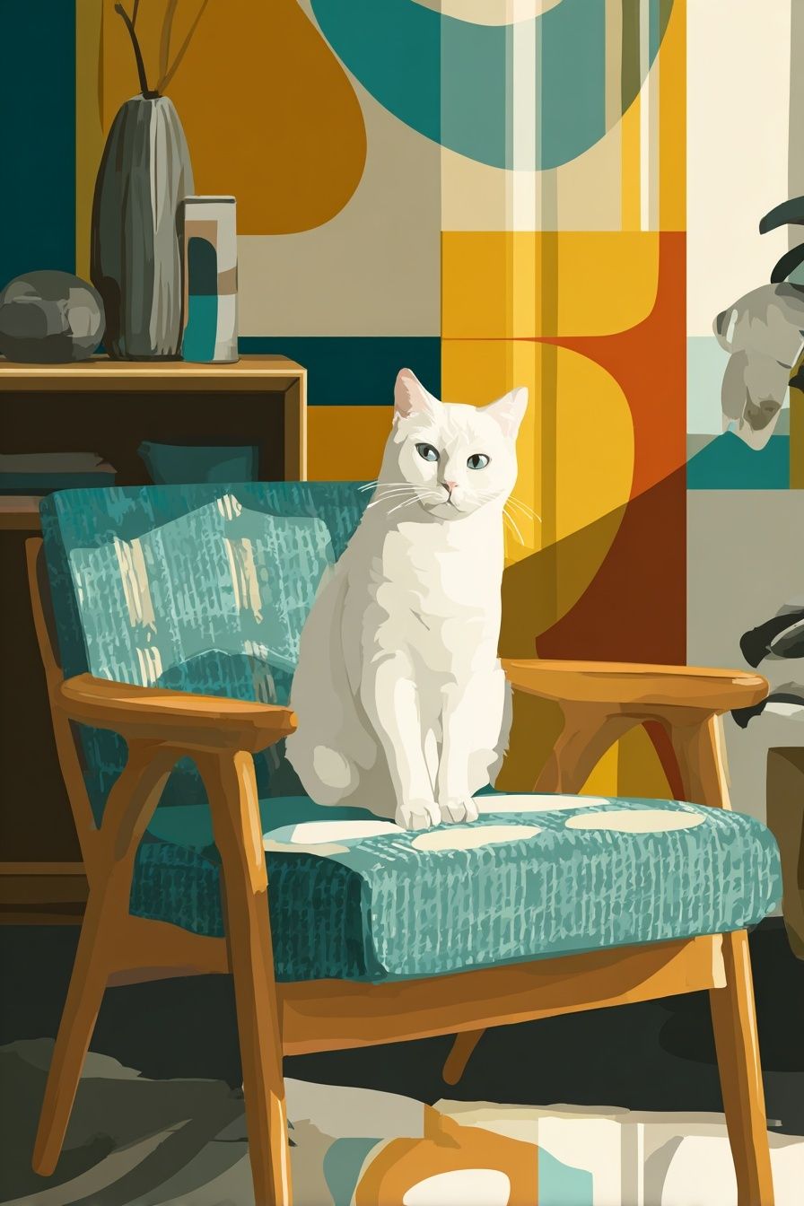 White Cat in Mid-Century Chair — Illustration Print. poster detail