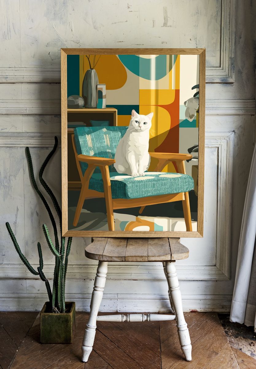 White Cat in Mid-Century Chair — Illustration Print. — room view 1