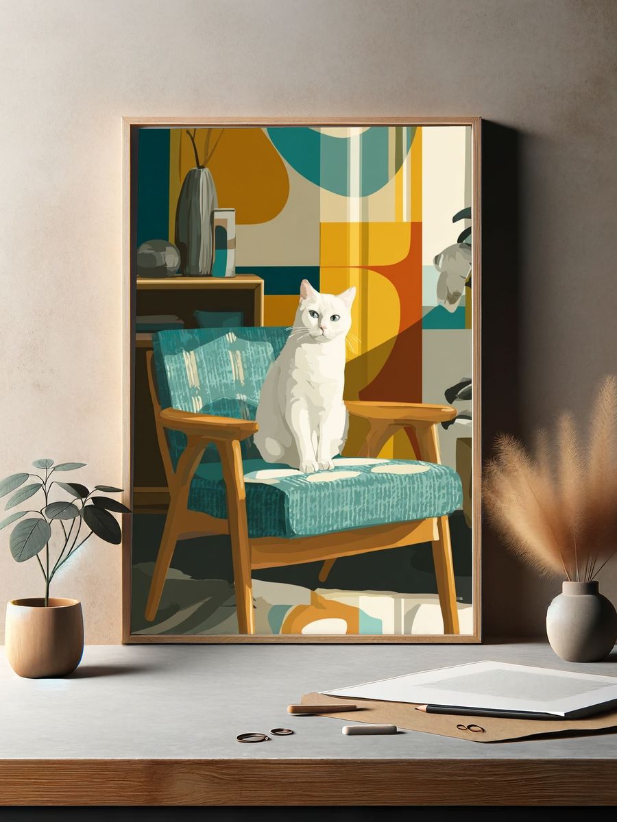 White Cat in Mid-Century Chair — Illustration Print. — room view 2