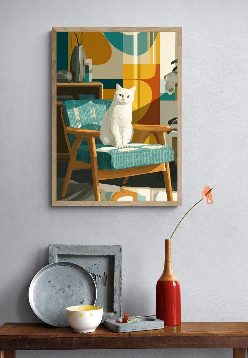 White Cat in Mid-Century Chair — Illustration Print. — room view 3