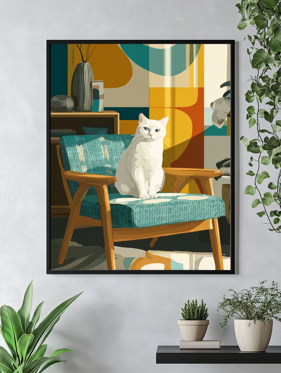 White Cat in Mid-Century Chair — Illustration Print. — room view 4