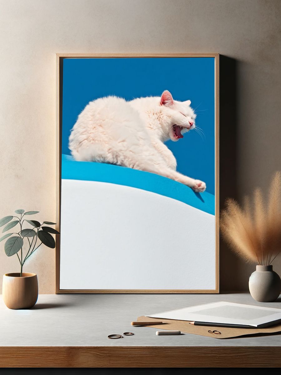 Yawning White Cat Photography Poster. — room view 2