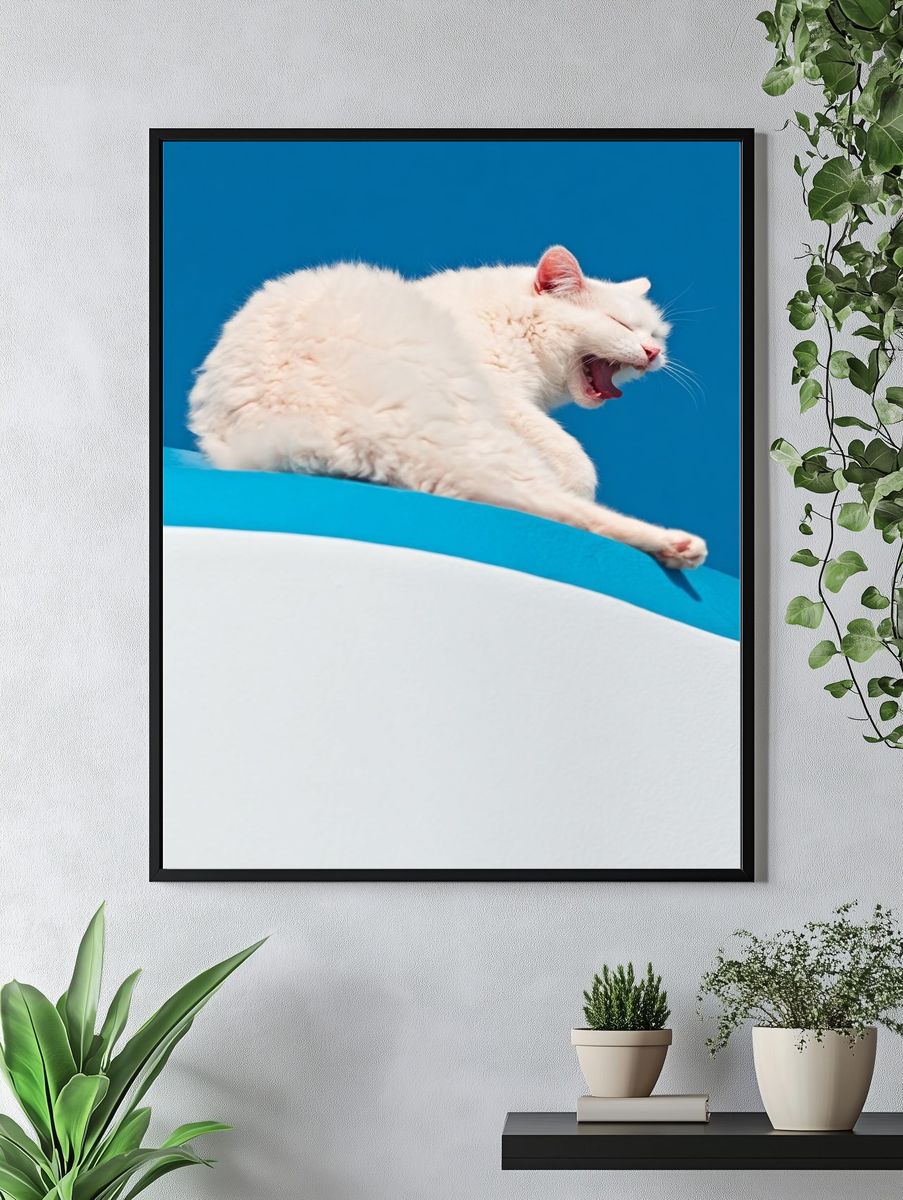 Yawning White Cat Photography Poster. — room view 4