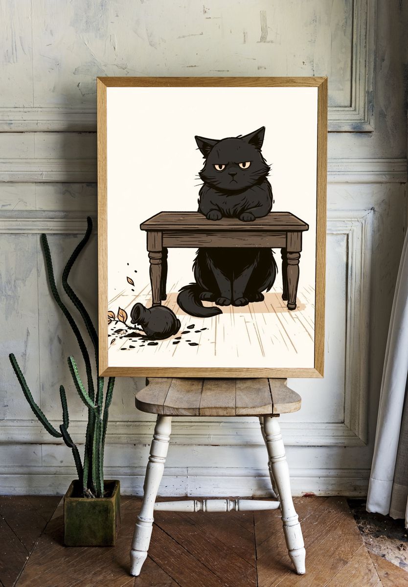 Grumpy Black Cat Illustration Poster. room preview
