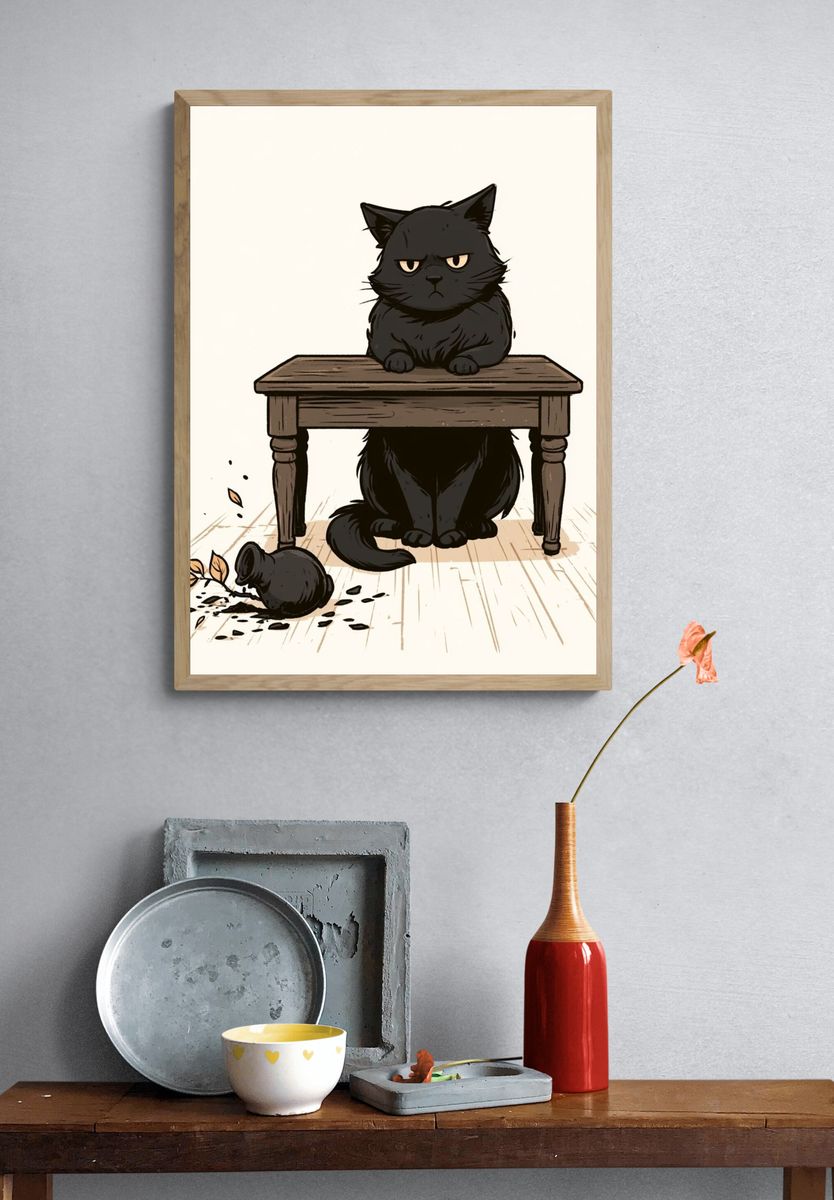 Grumpy Black Cat Illustration Poster. — room view 3