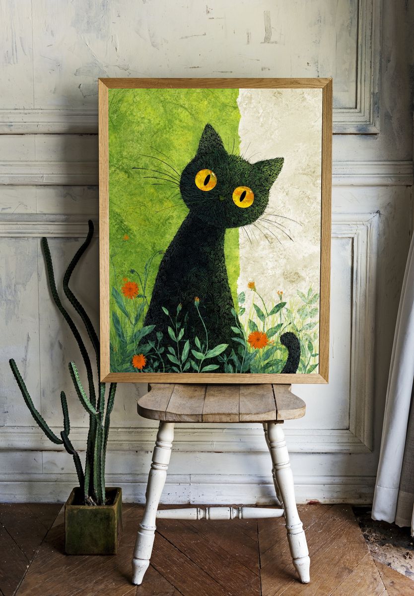 Black Cat in Meadow Illustration Poster. — room view 1
