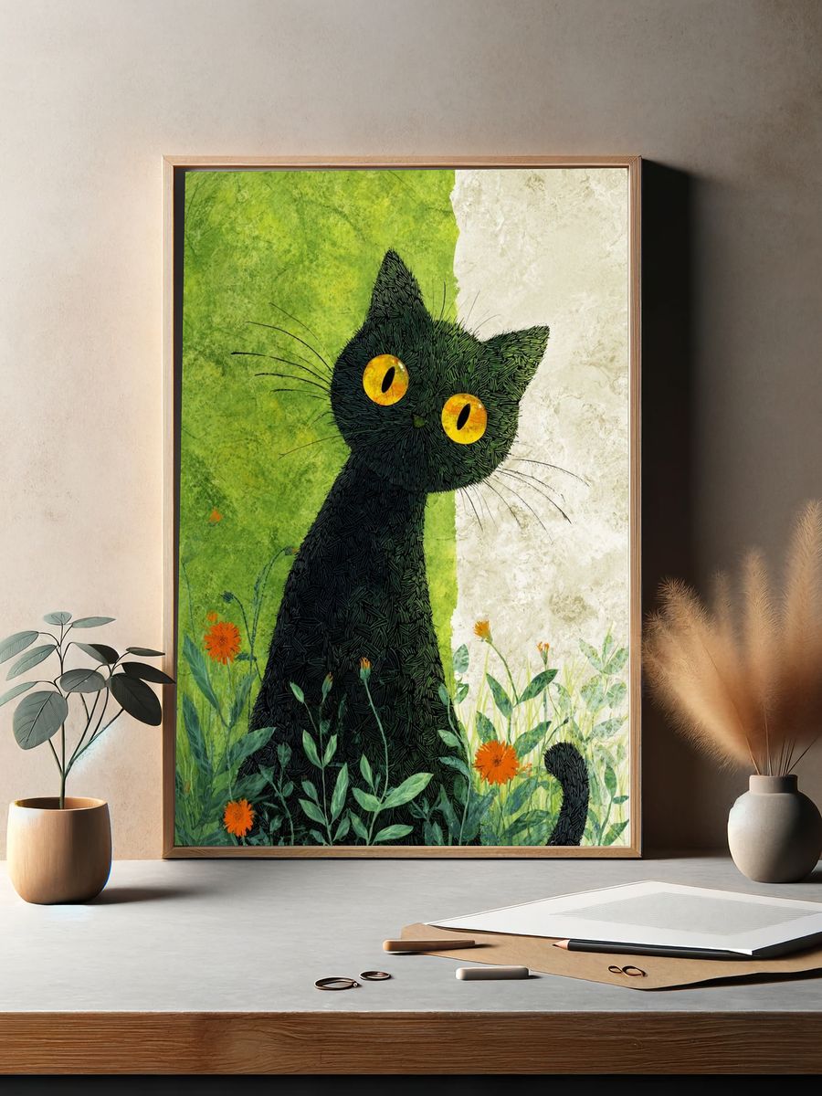 Black Cat in Meadow Illustration Poster. — room view 2