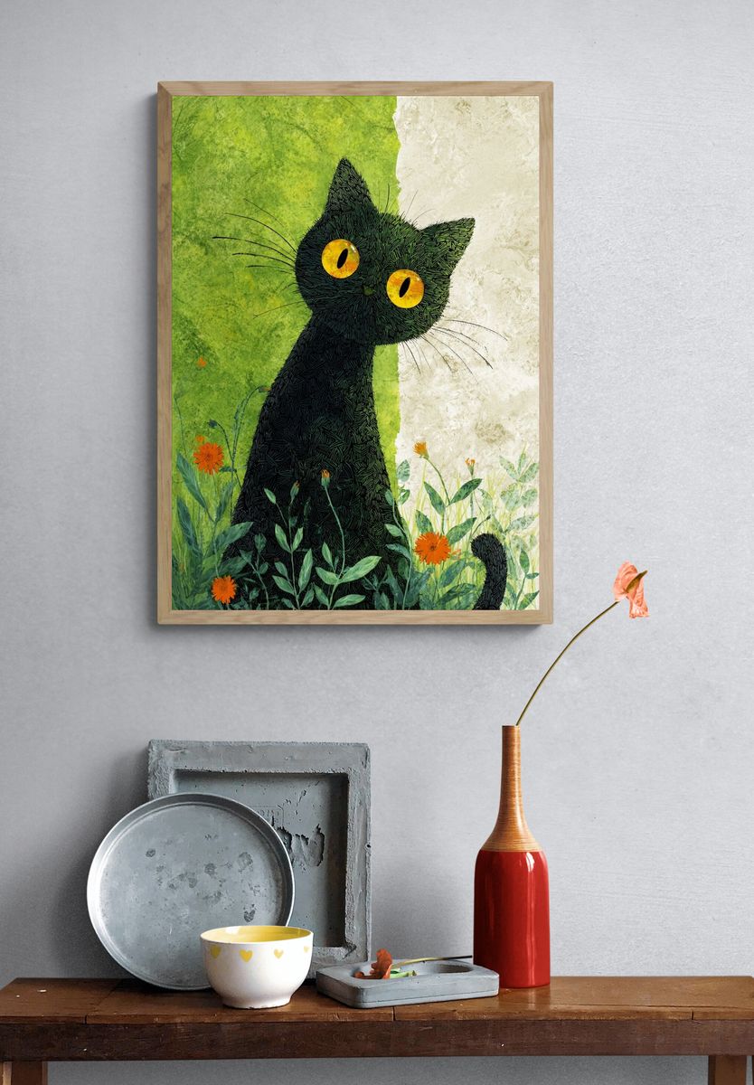 Black Cat in Meadow Illustration Poster. — room view 3