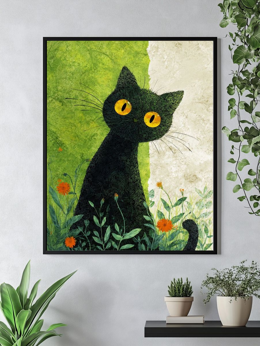 Black Cat in Meadow Illustration Poster. — room view 4