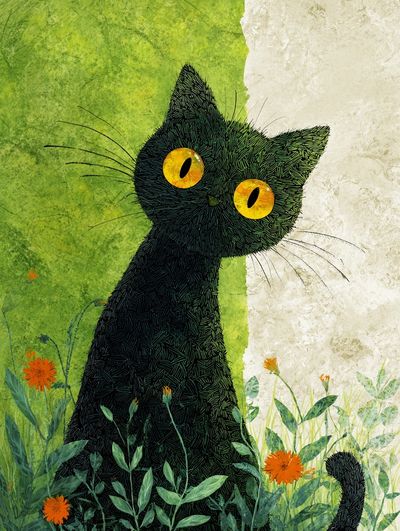 Black Cat in Meadow Illustration Poster. poster print