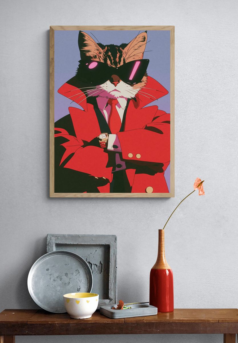 Cool Cat in Red Coat Poster. — room view 3