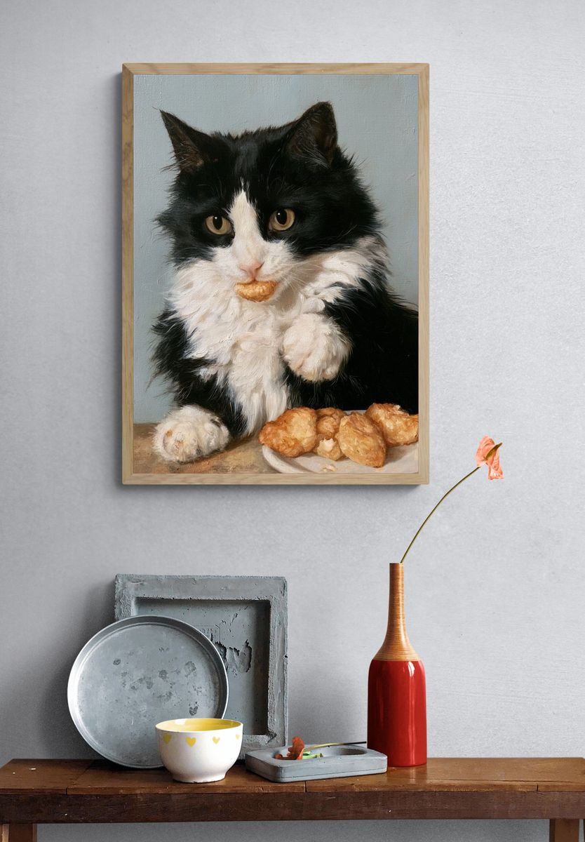 Tuxedo Cat with Pastries Poster. — room view 3