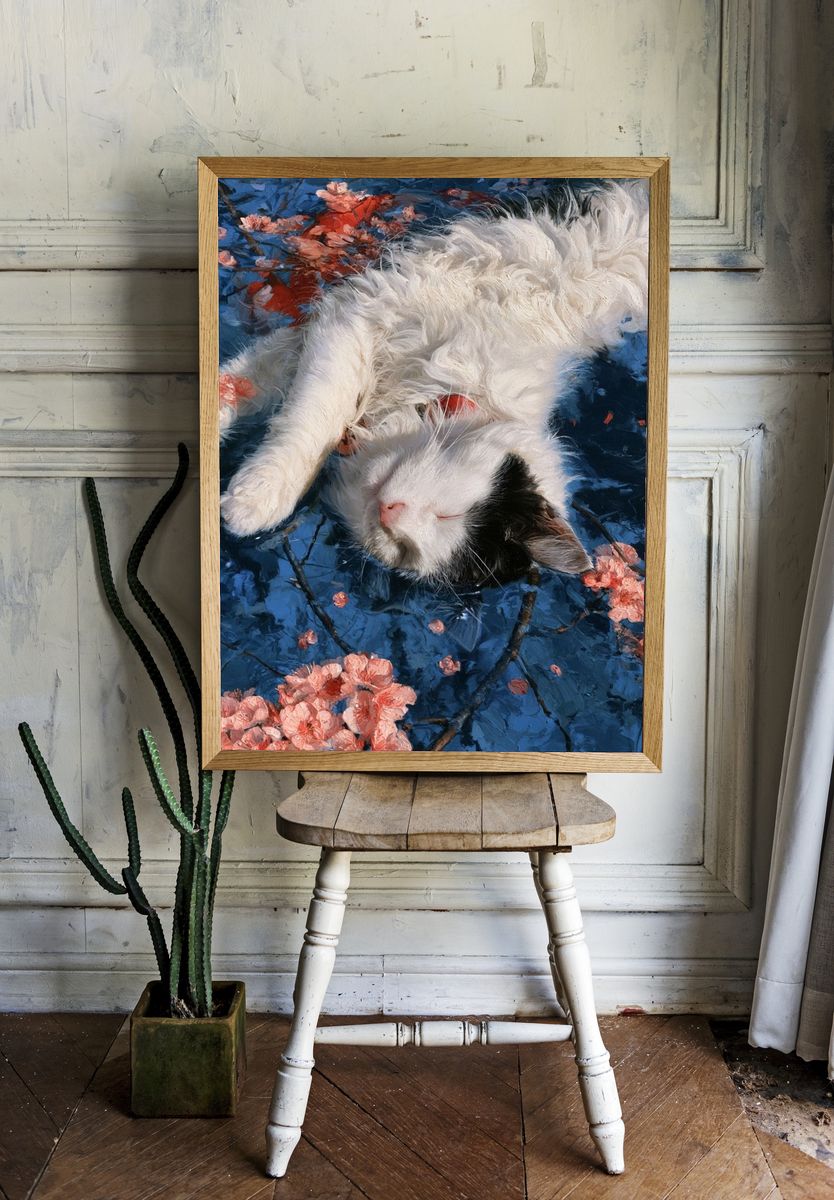 Sleeping Cat Floral Illustration Poster. room preview
