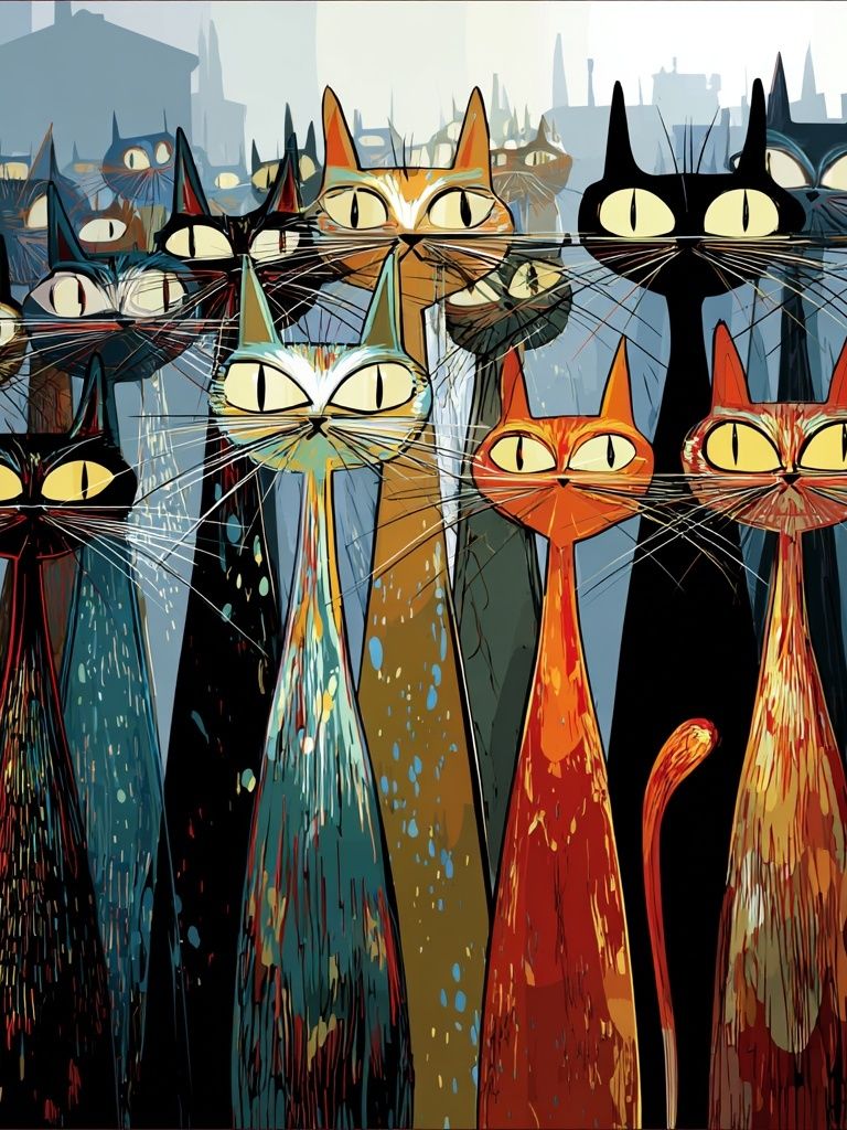 Colorful Cat Parade — Illustration Print. poster — illustration art