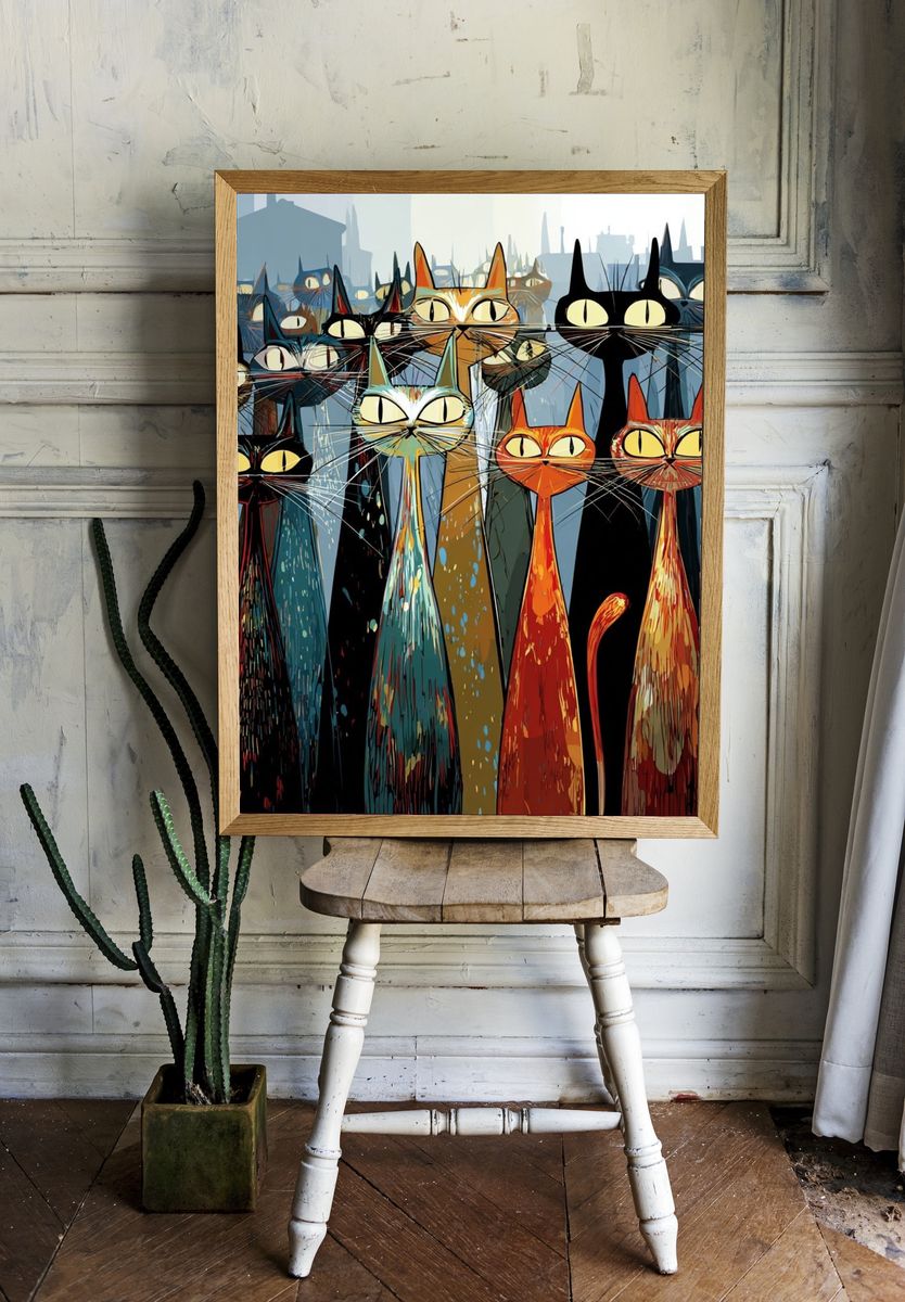 Colorful Cat Parade — Illustration Print. — room view 1