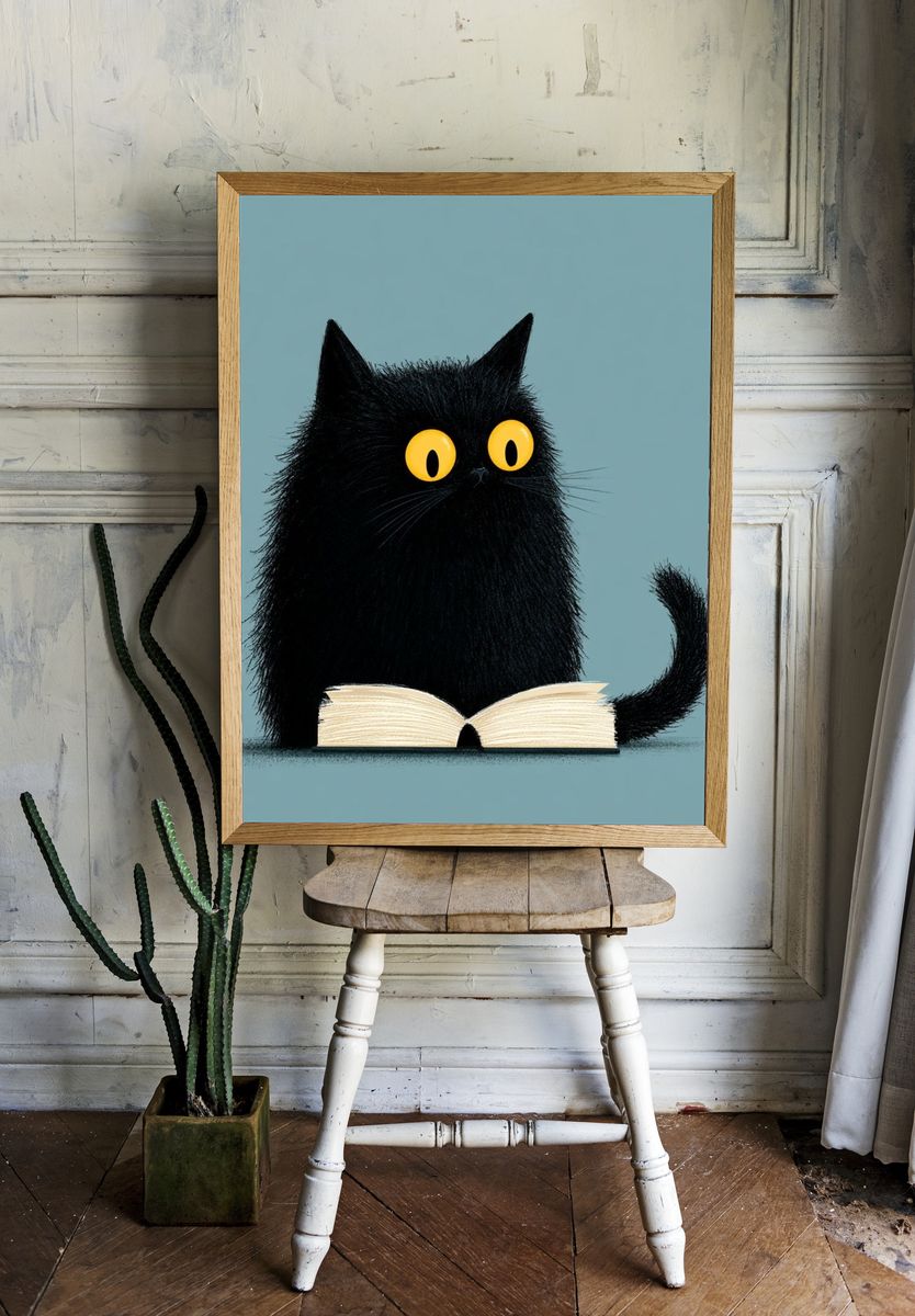 Black Cat Reading Illustration Poster. — room view 1