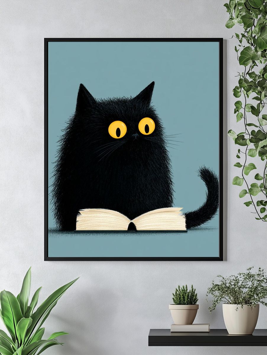 Black Cat Reading Illustration Poster. — room view 4