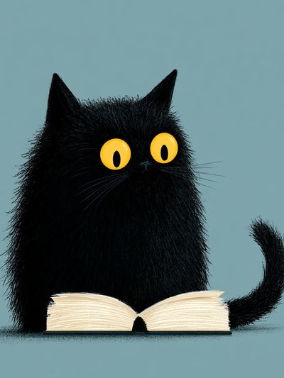 Black Cat Reading Illustration Poster. poster