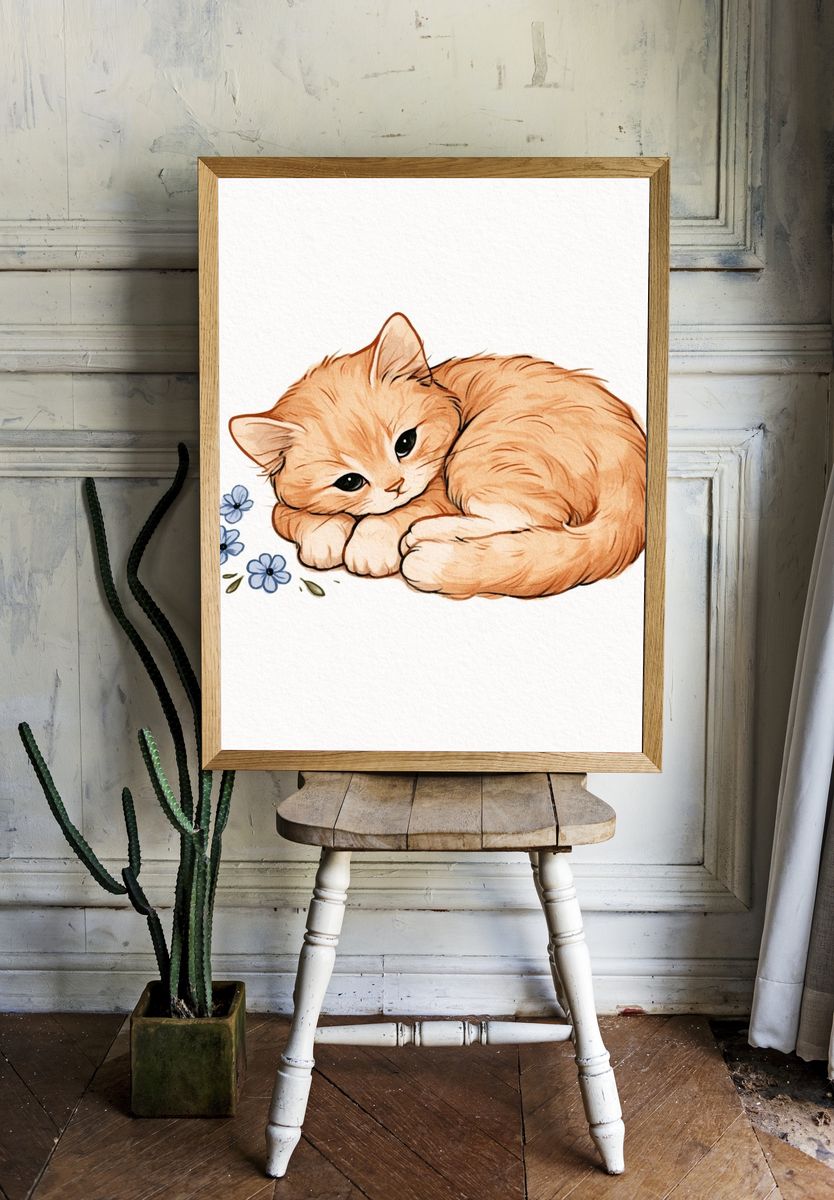 Sleeping Ginger Cat Watercolor Print. room preview