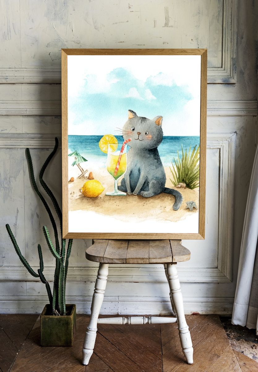 Cute Cat with Cocktail — Watercolor Print. — room view 1