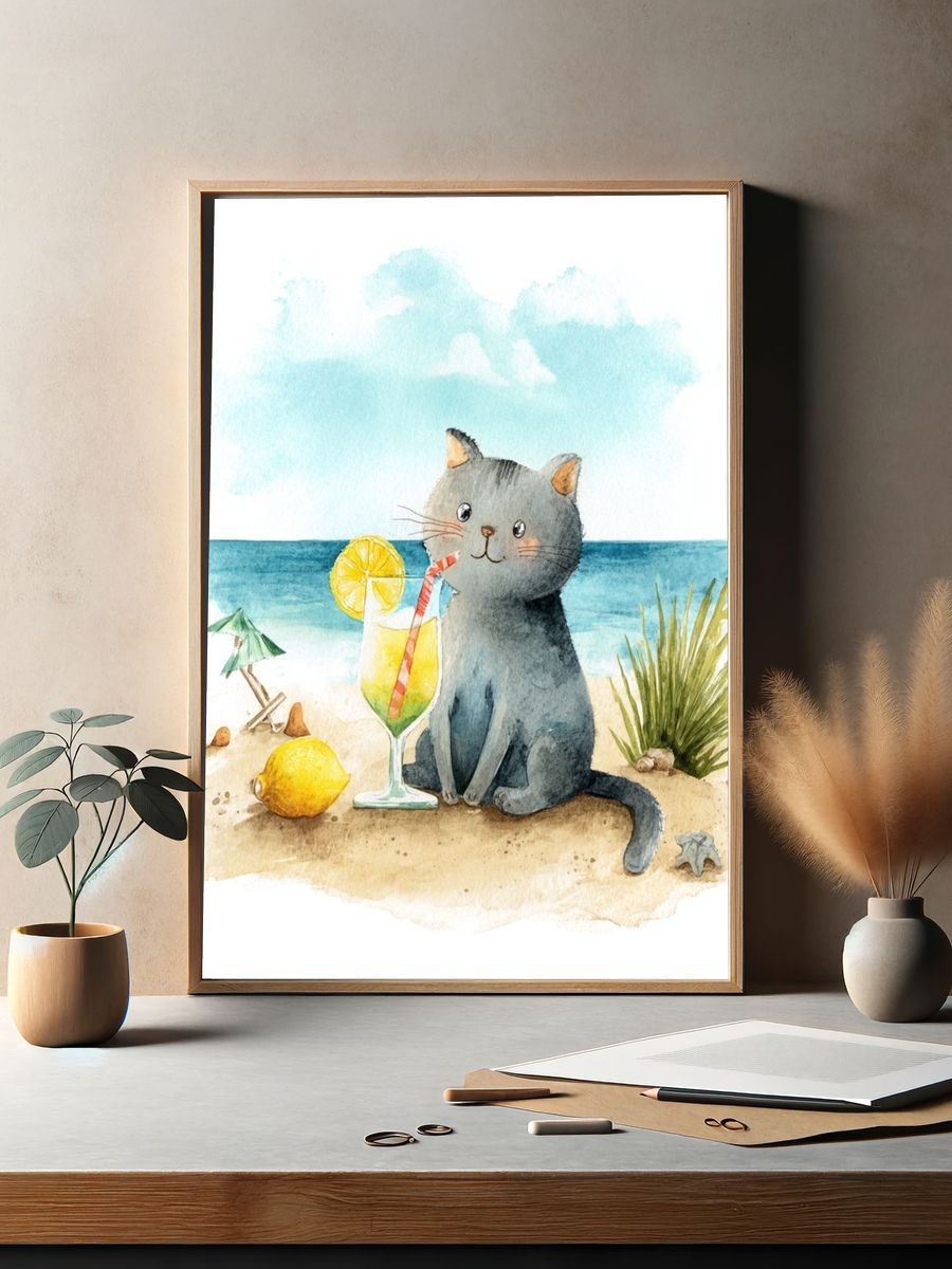 Cute Cat with Cocktail — Watercolor Print. — room view 2