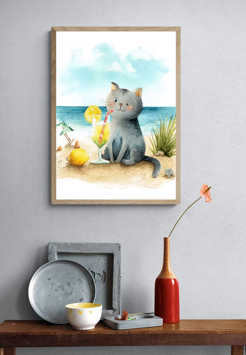 Cute Cat with Cocktail — Watercolor Print. — room view 3