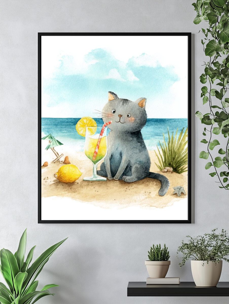 Cute Cat with Cocktail — Watercolor Print. — room view 4