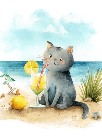 Cute Cat with Cocktail — Watercolor Print. poster print