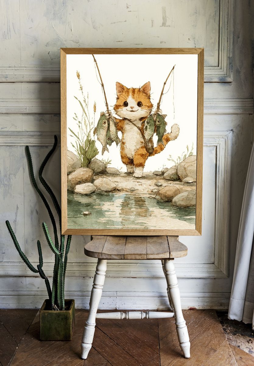 Fishing Cat Watercolor Poster. — room view 1