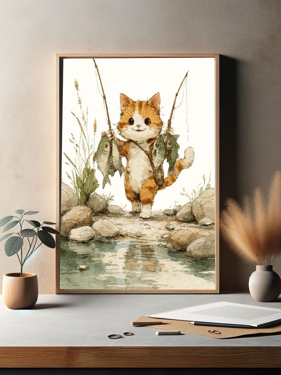 Fishing Cat Watercolor Poster. — room view 2