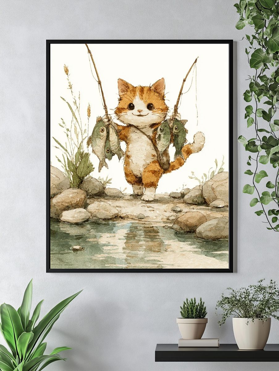 Fishing Cat Watercolor Poster. — room view 4