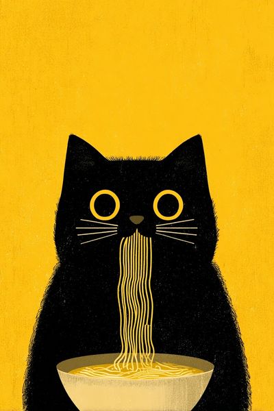 Cat Eating Noodles — Illustration Print. poster print