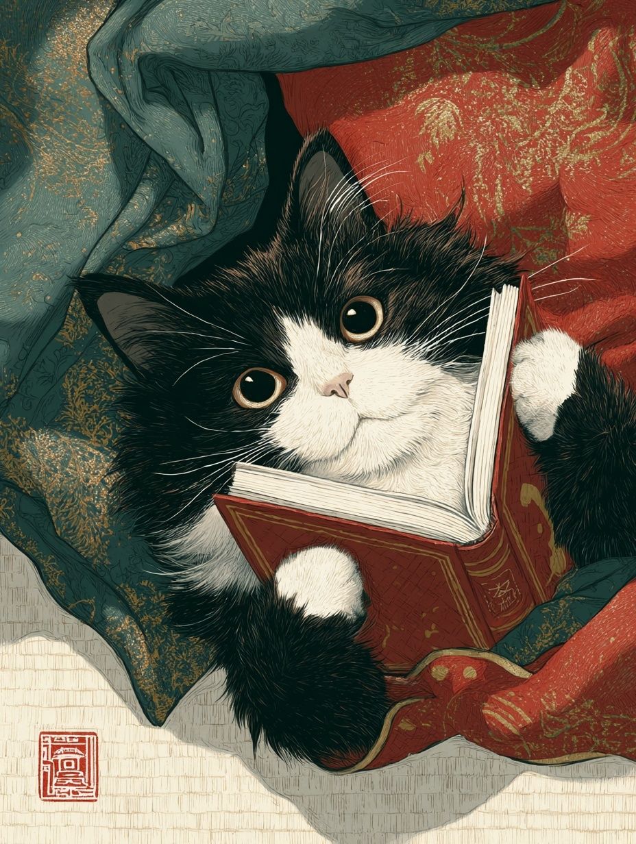 Cat Reading a Book — Illustration Print. poster — illustration art