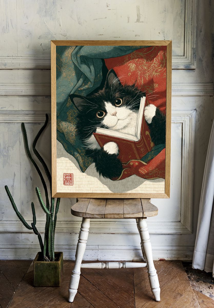 Cat Reading a Book — Illustration Print. — room view 1