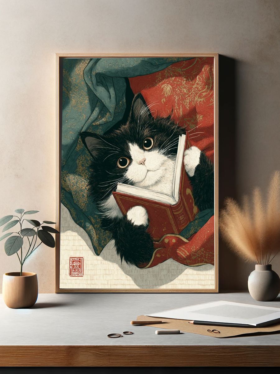 Cat Reading a Book — Illustration Print. — room view 2