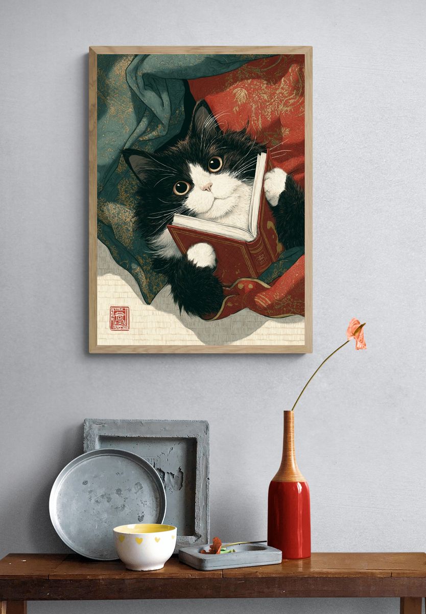 Cat Reading a Book — Illustration Print. — room view 3