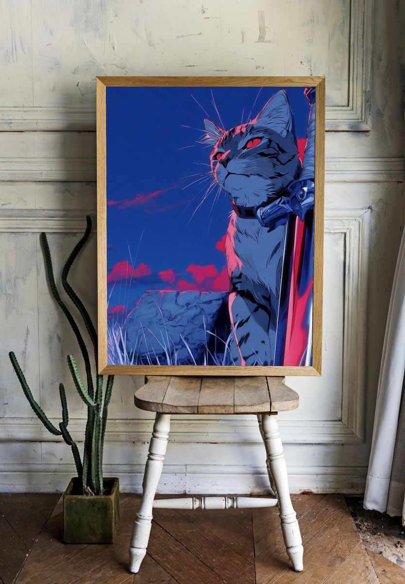 Fierce Cat with Sword — Anime Print room preview