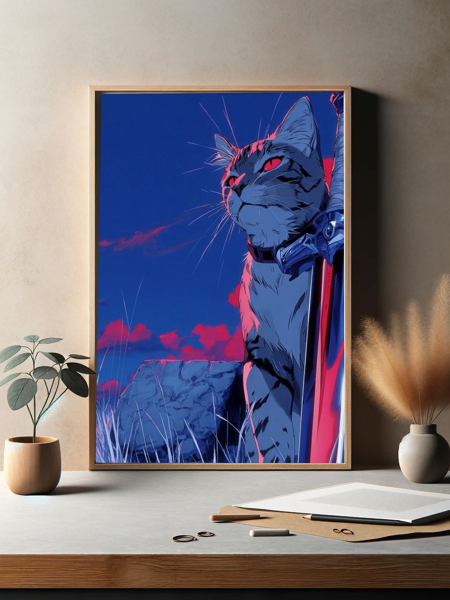 Fierce Cat with Sword — Anime Print. — room view 2