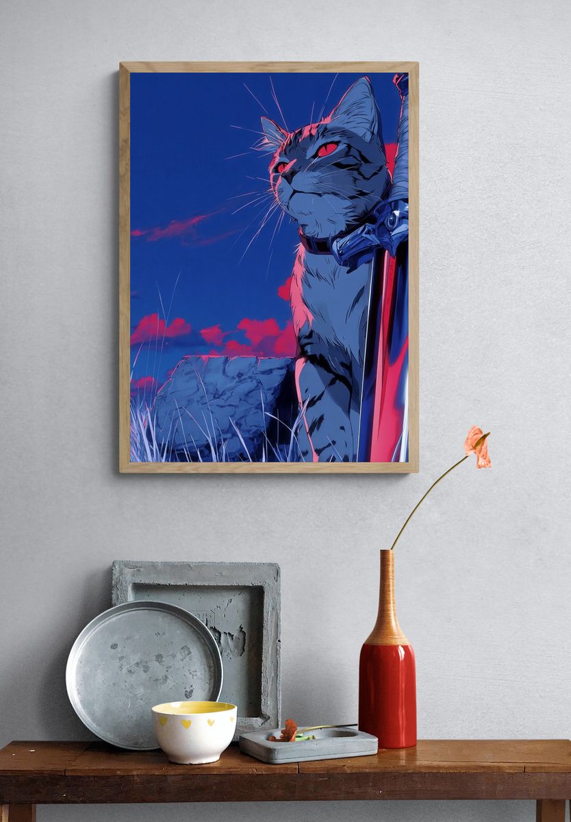 Fierce Cat with Sword — Anime Print. — room view 3