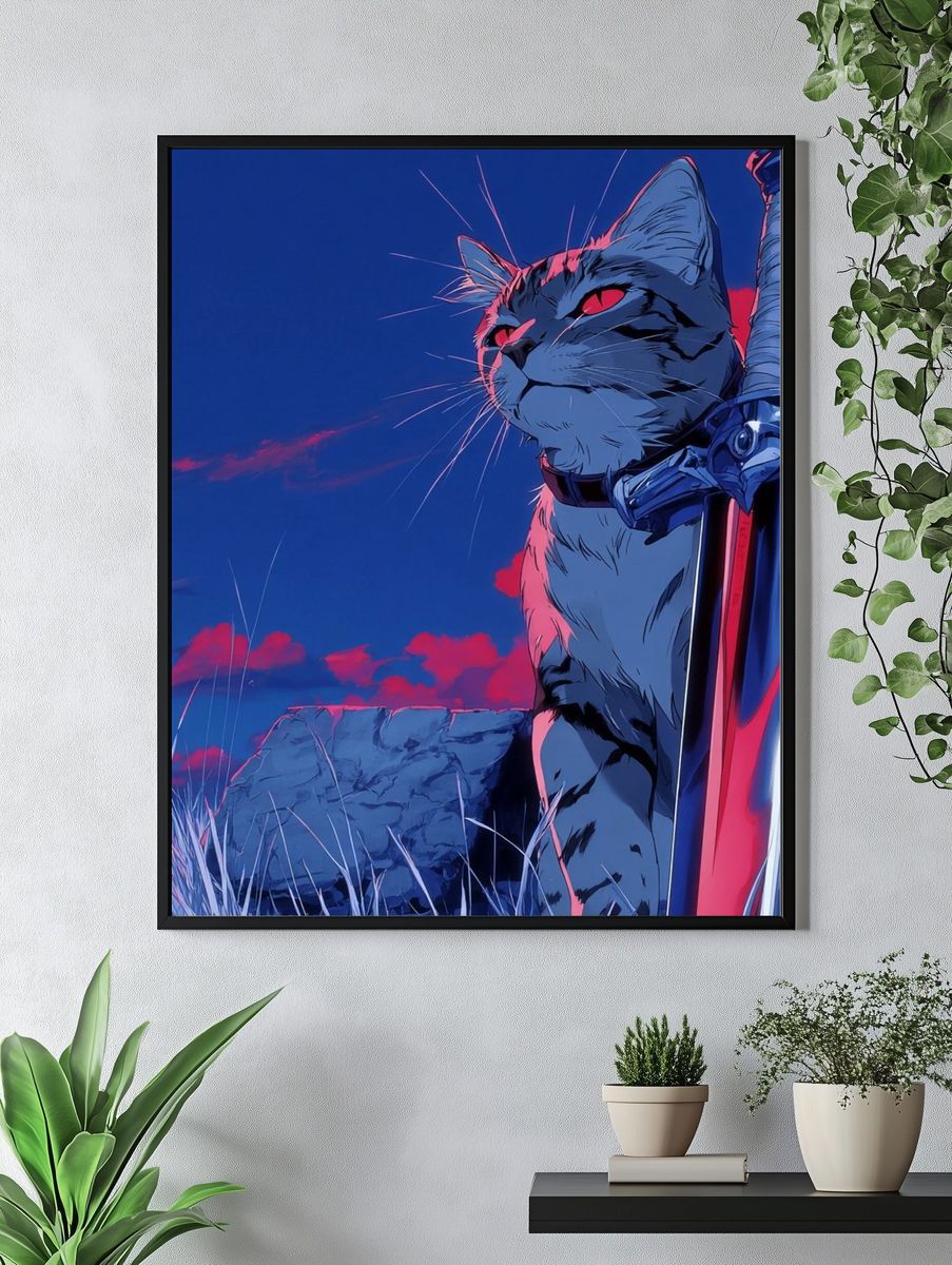 Fierce Cat with Sword — Anime Print. — room view 4