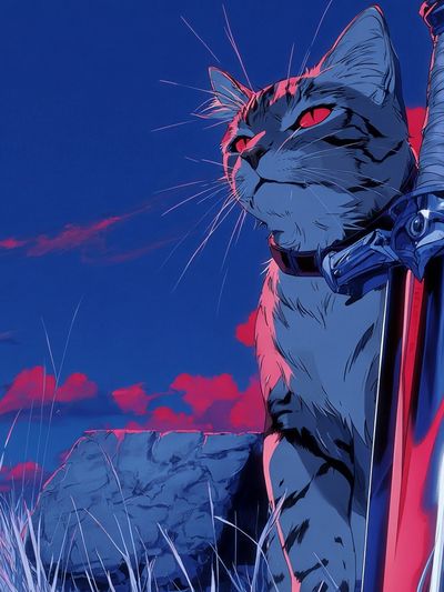 Fierce Cat with Sword — Anime Print. poster