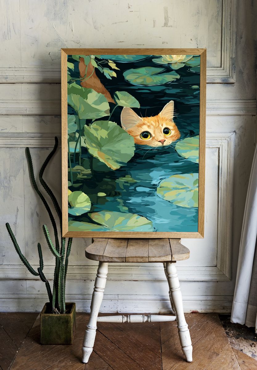 Curious Cat in Water Lilies — Illustration Print. — room view 1