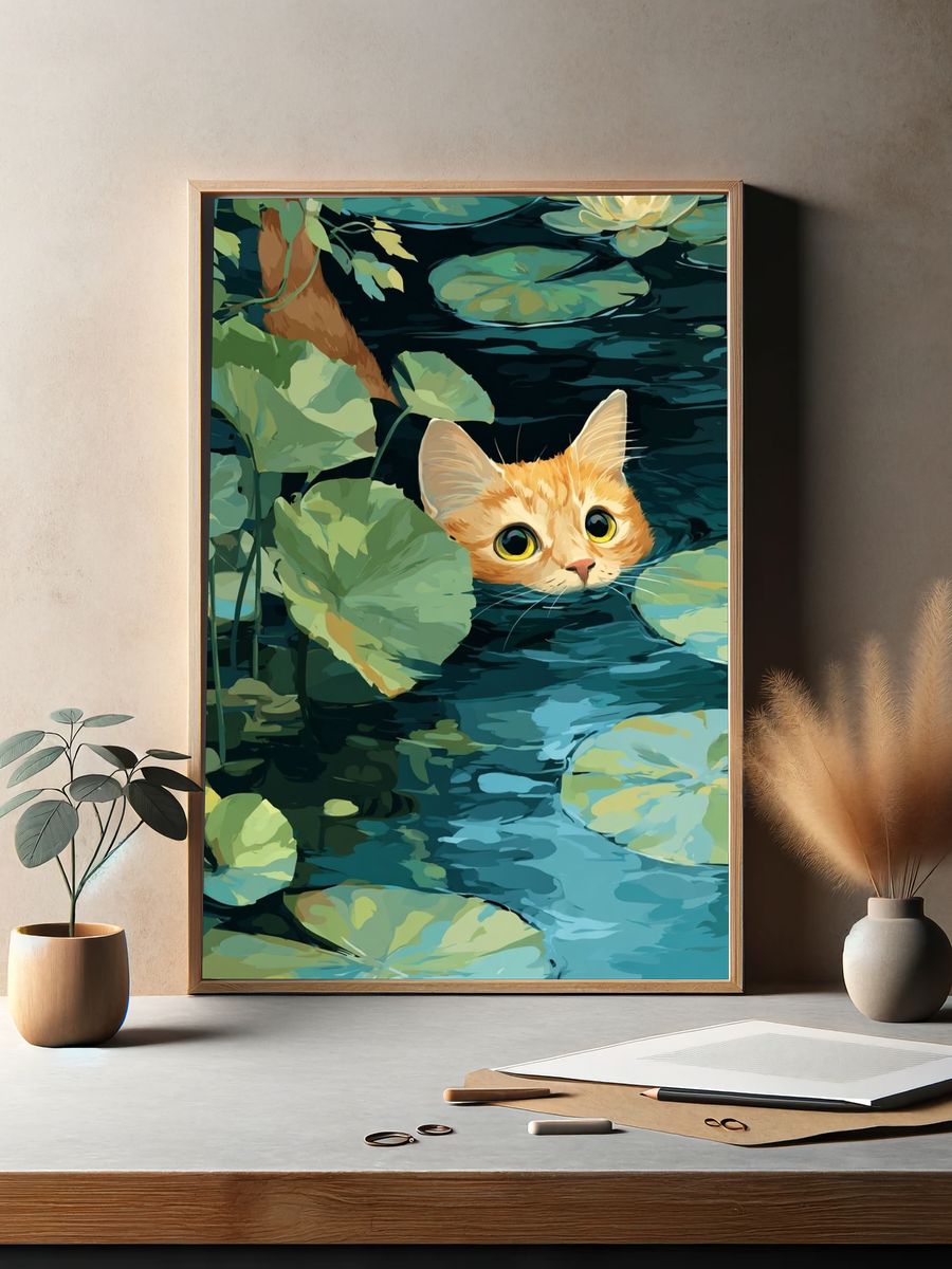 Curious Cat in Water Lilies — Illustration Print. — room view 2
