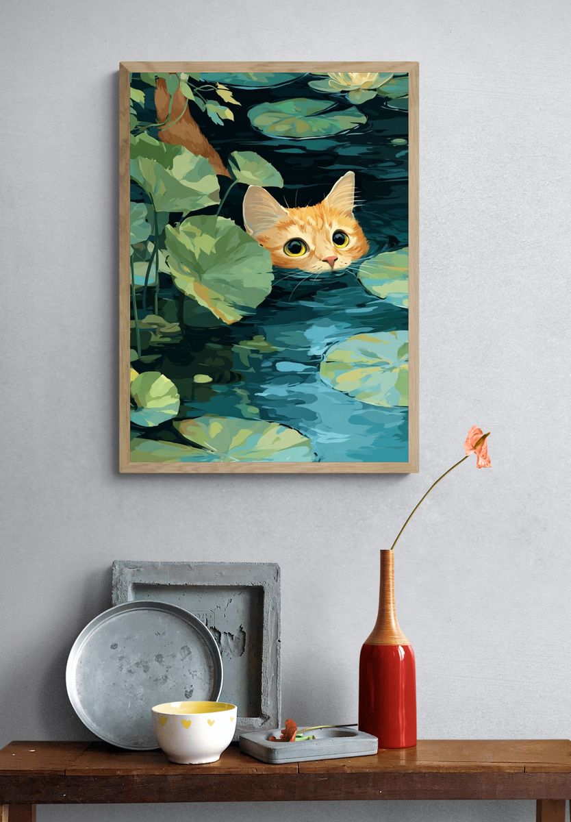 Curious Cat in Water Lilies — Illustration Print. — room view 3