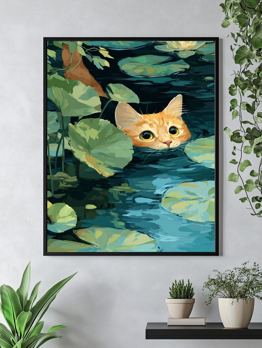 Curious Cat in Water Lilies — Illustration Print. — room view 4