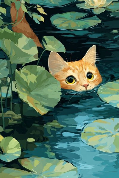 Curious Cat in Water Lilies — Illustration Print. poster print