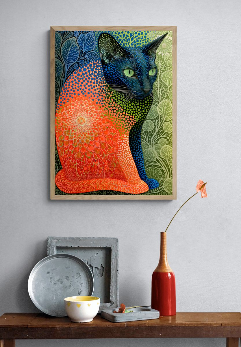 Colorful Cat Botanical Poster. — room view 3