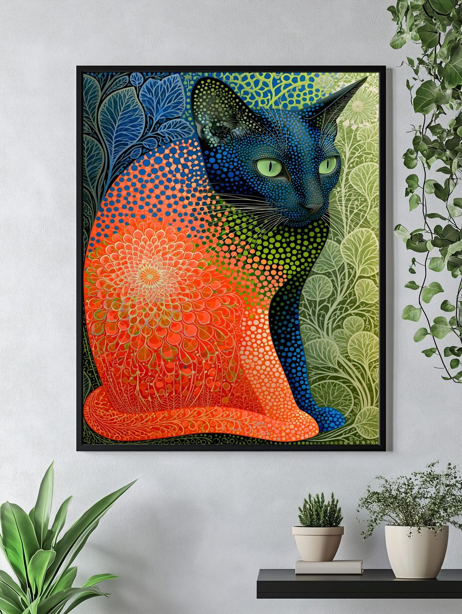 Colorful Cat Botanical Poster. — room view 4
