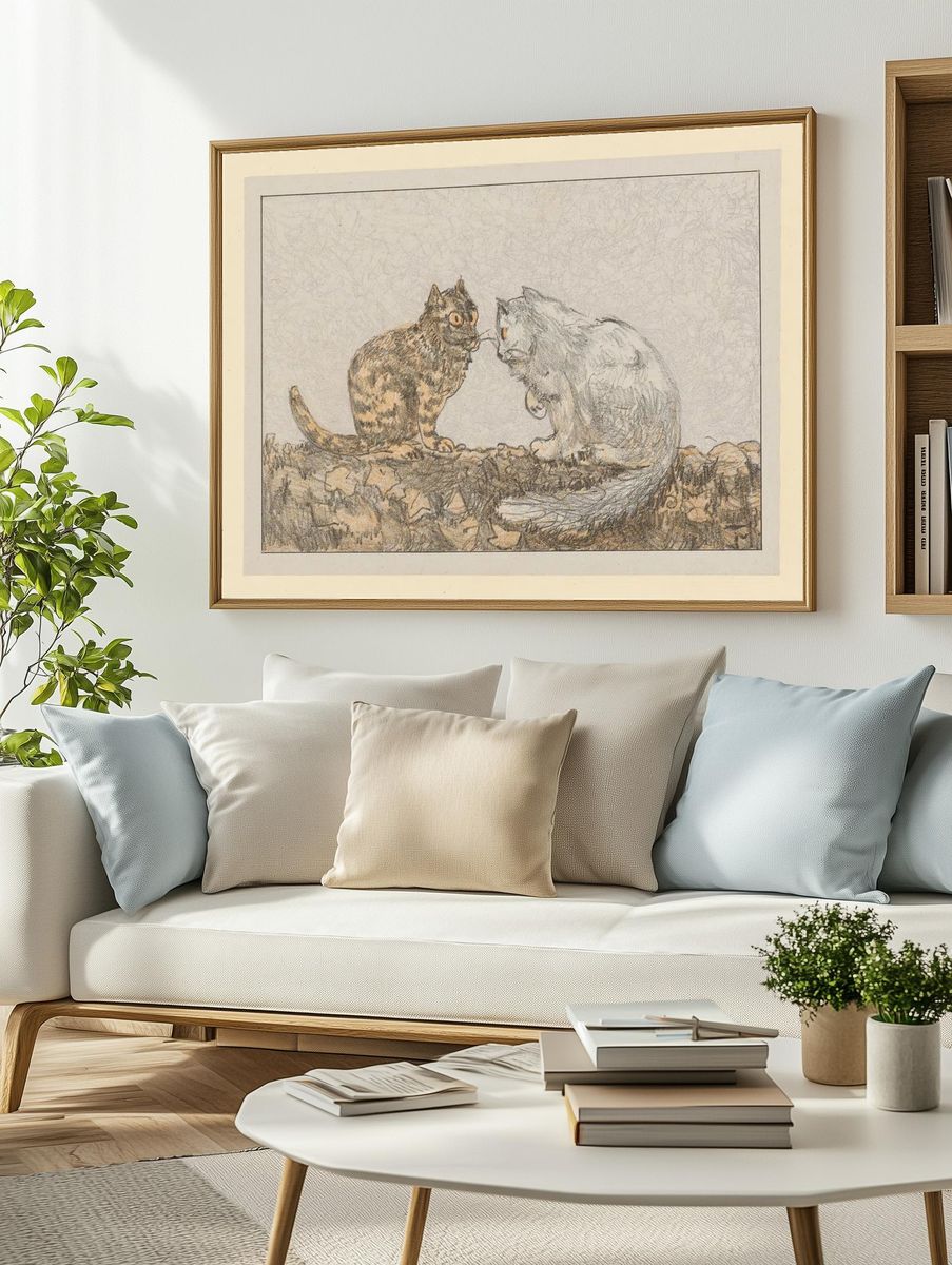 Two Cats — Vintage Print. — room view 2